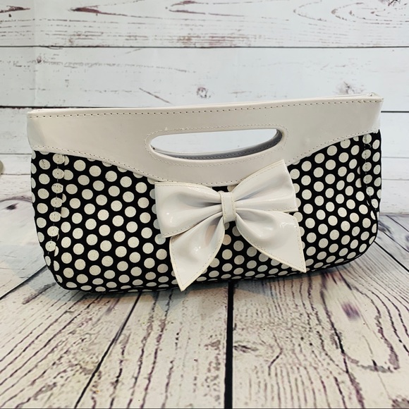 Handbags - Black and white polka dot clutch with bow EUC